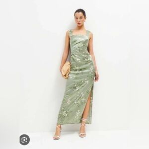 Reformation Earl Silk Dress Floral Green Maxi Dress with slit
